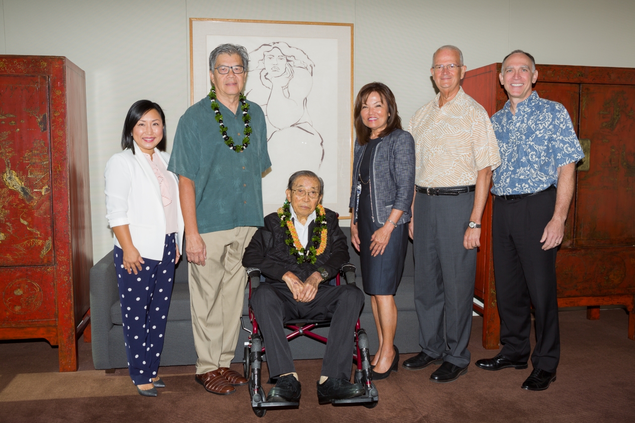 Left to right:  Unyong Nakata, executive director of development, Shidler; Tony Ching, trustee and brother to Blanche Hee; Mr. Clifford Hee,  Sharon Brown, president, FHB Foundation; Vance Roley, dean, Shidler; Bob Harrison, president & CEO, FHB.